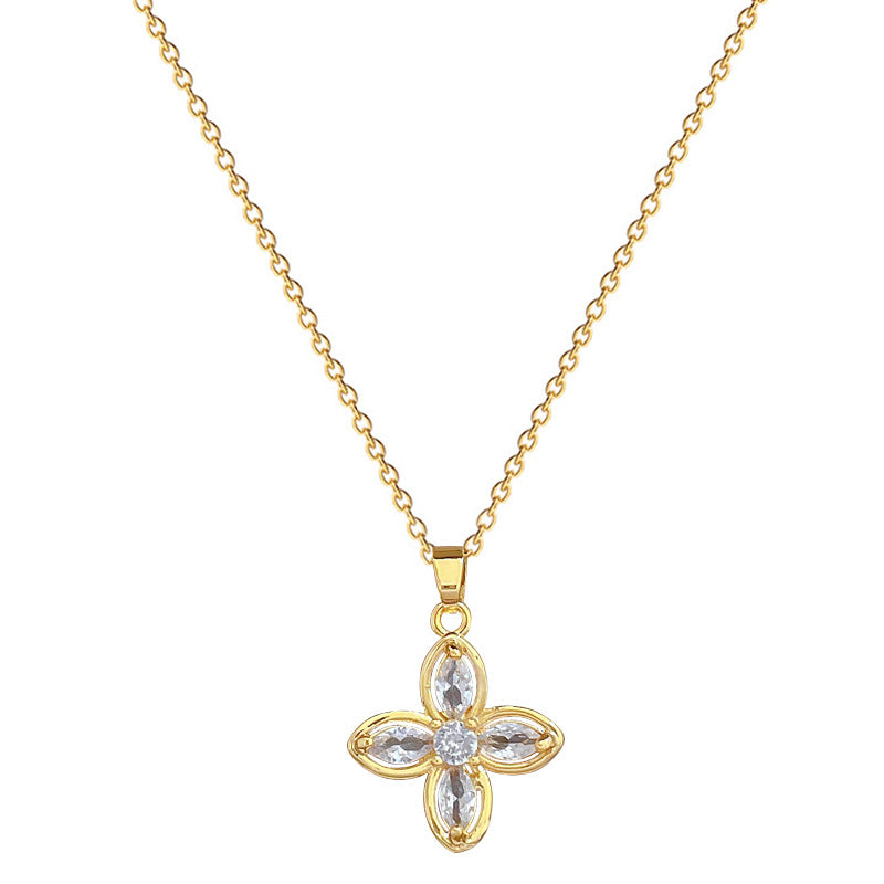 Collana con Pendente Quadrifoglio Portafortuna da Donna in Acciaio al Titanio con Intarsi in Strass, Design Geometrico, Delicata Catena alla Clavicole