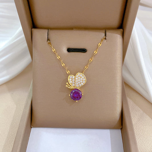 Exclusivo collar de mariposa morada con diamantes de imitación para mujer, delicada cadena de titanio para bodas, fiestas y eventos formales
