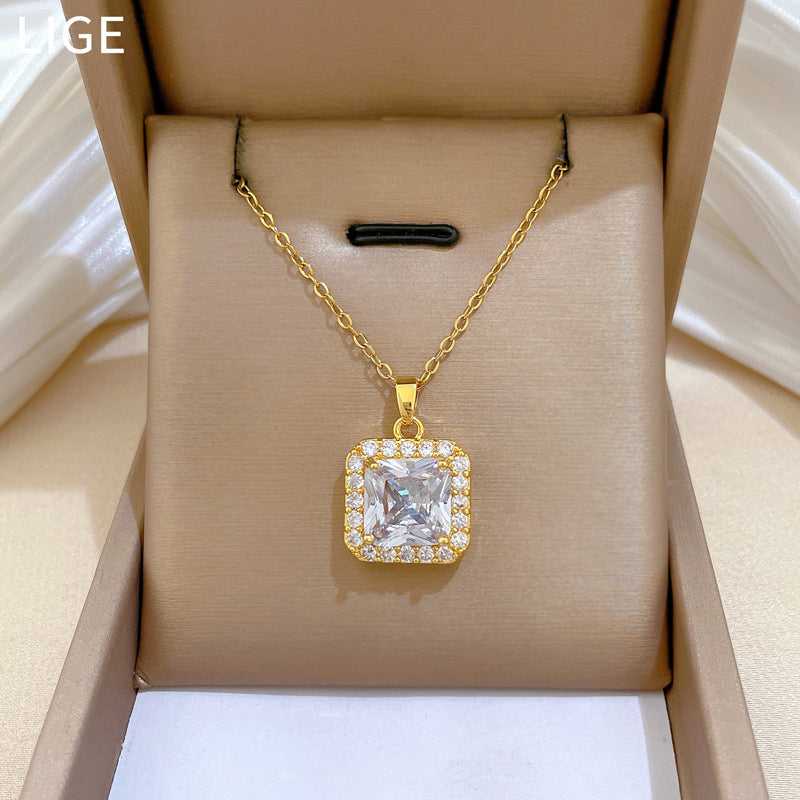 Sweet Minimalist Square Geometric Micro-Inlaid Cubic Zirconia Titanium Steel Necklace for Unisex