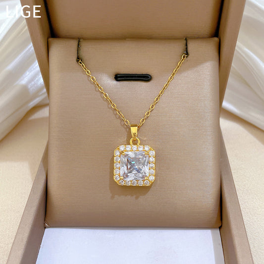 Sweet Minimalist Square Geometric Micro-Inlaid Cubic Zirconia Titanium Steel Necklace for Unisex