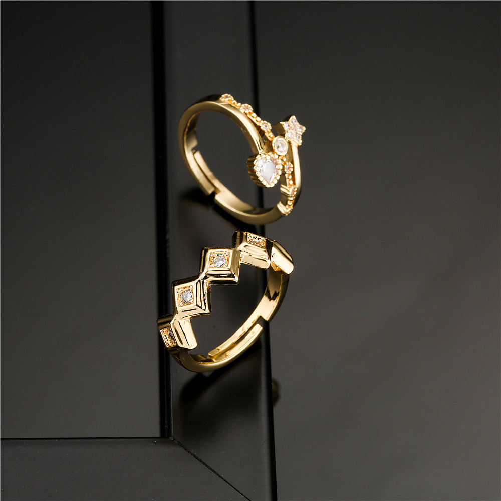 Geometric Gold Plated Brass Micro-Pave Cubic Zirconia Open Ring for Women