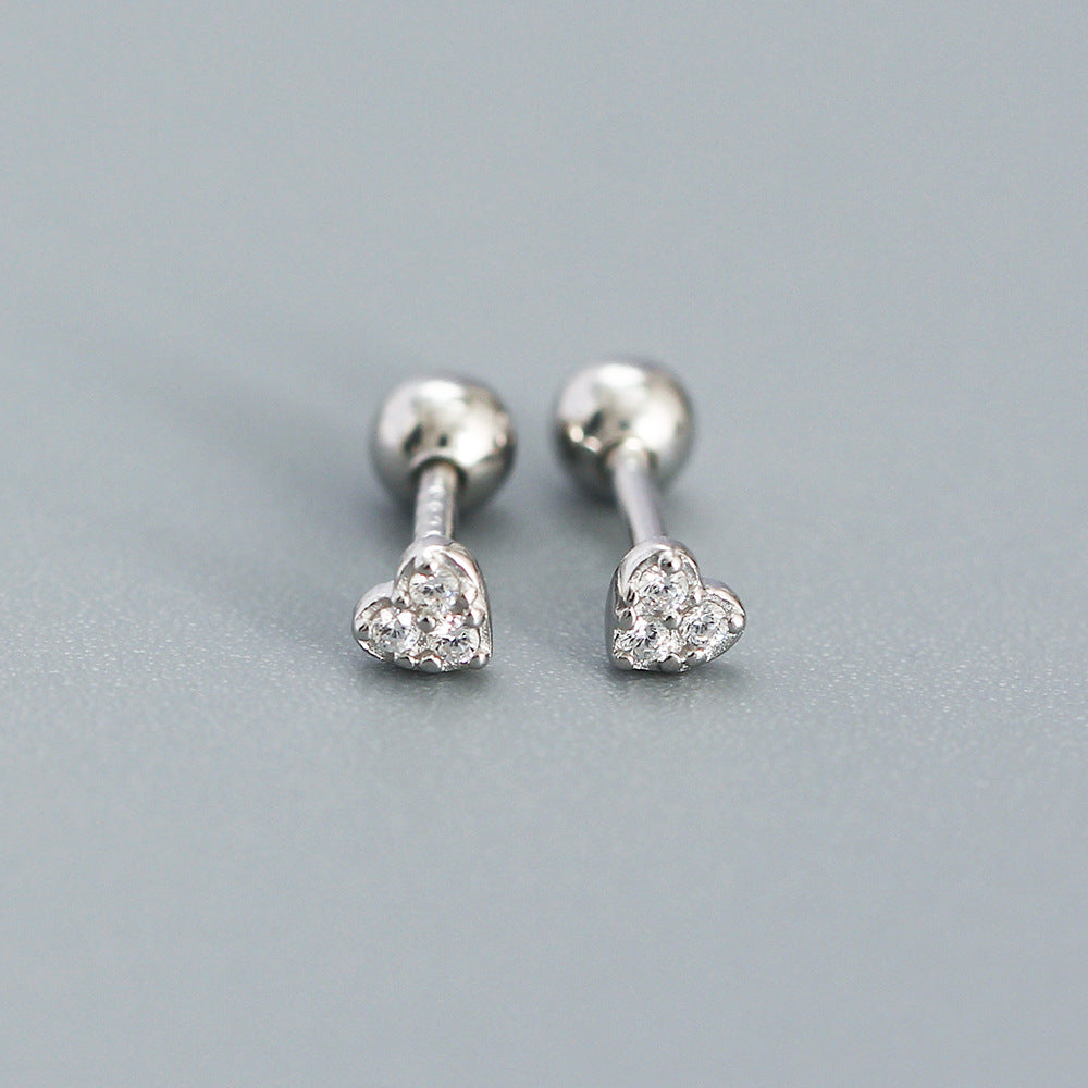Sweet Minimalist 925 Sterling Silver Heart Inlay Rhinestone Stud Earrings for Women
