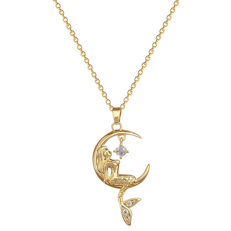 Minimalist Mermaid Shape Titanium Steel Necklace with Zircon Inlay for Women and Men, Delicate Clavicle Chain