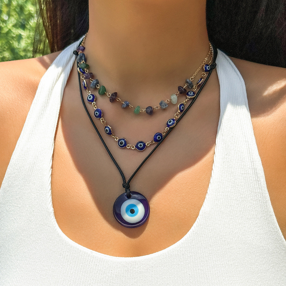 Collana Pendente Occhio di Allah Vintage Turchese da Donna con Perle in Lega e Cordino Cerato a Forma Geometrica