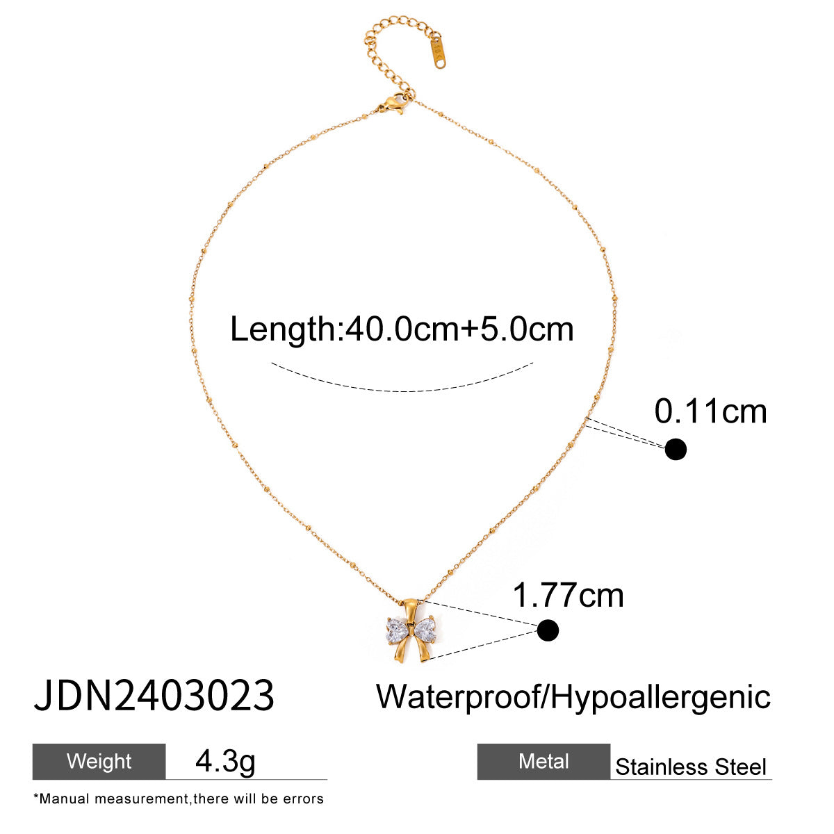 Minimalist Heart Bow Knot Cubic Zirconia Inlay Titanium Steel Necklace for Women