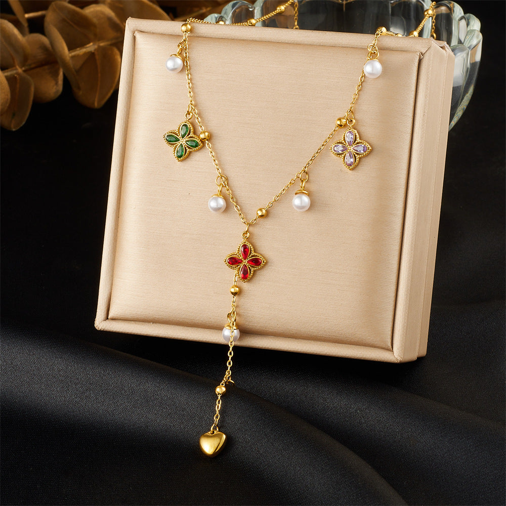 Elegant Gold Plated Stainless Steel Y-Chain Necklace with Rhinestone Floral and Star Charms