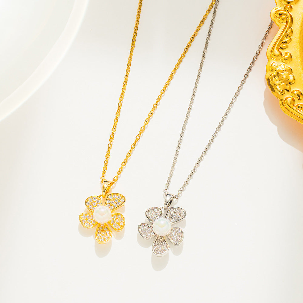 Minimalist 18K Gold Plated Titanium Steel Flower Pearl Pendant Necklace O-Chain
