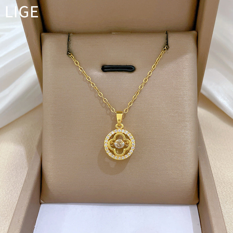 Minimalist Clover-Shaped Titanium Steel Necklace with Rhinestone Inlay for Women and Men, Dainty Clavicle Chain