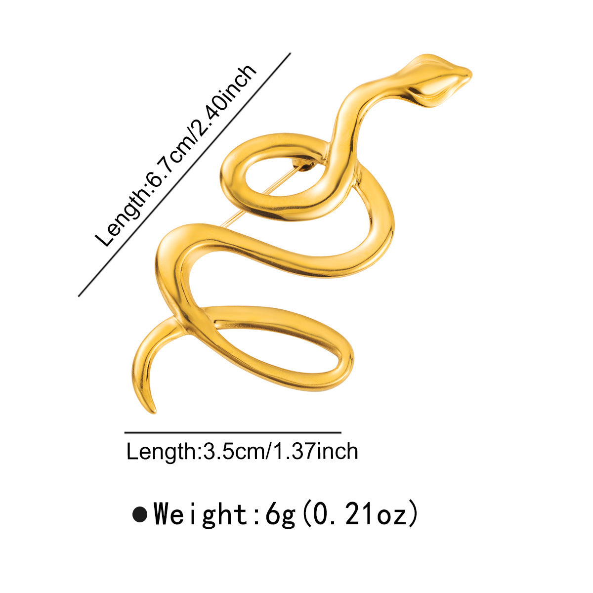 Broche de alfiler unisex con forma de serpiente exagerada de acero inoxidable enchapado en oro de 18 quilates