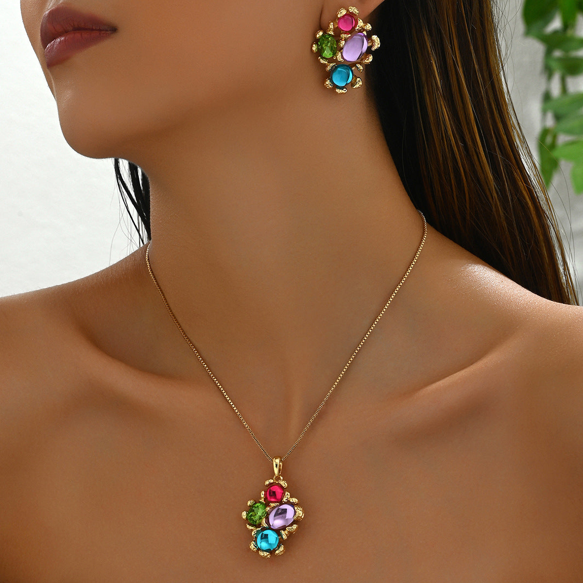 Set collana lunga e orecchini da donna minimalisti con pendente geometrico, catena in rame, pietre artificiali intarsiate