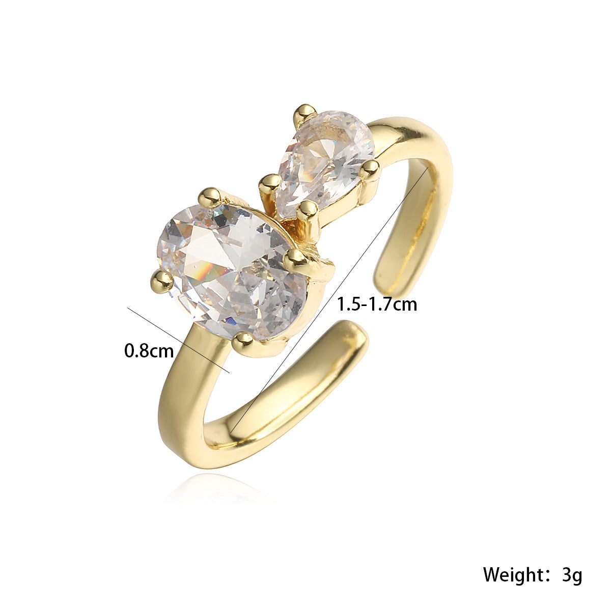 Anello Aperto Geometrico Minimalista da Donna in Ottone con Placcatura in Oro 18K e Intarsio di Zirconi