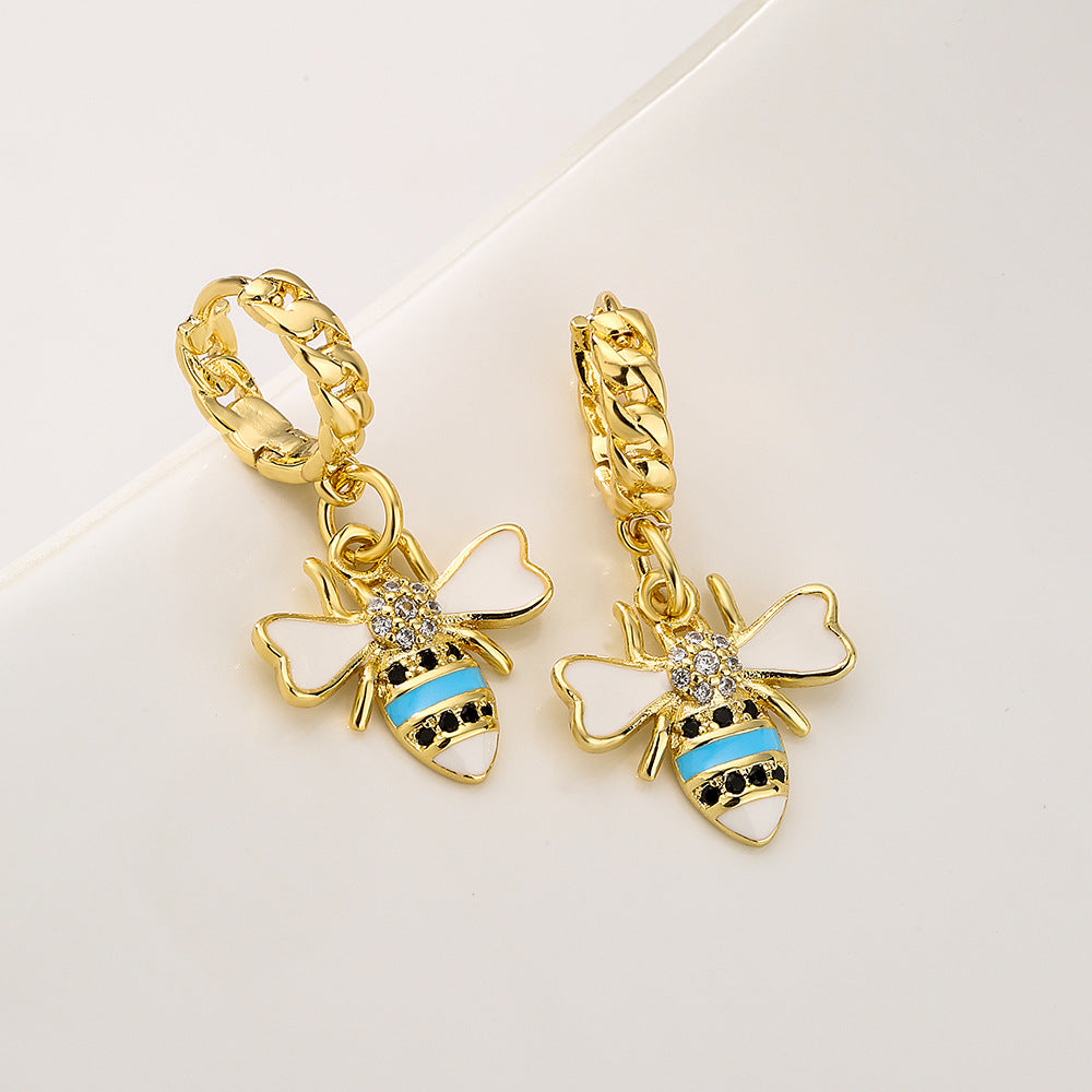 Minimalist Bee-Shaped Copper Pendant Earrings with 18K Gold Plating and Enamel Finish for Women
