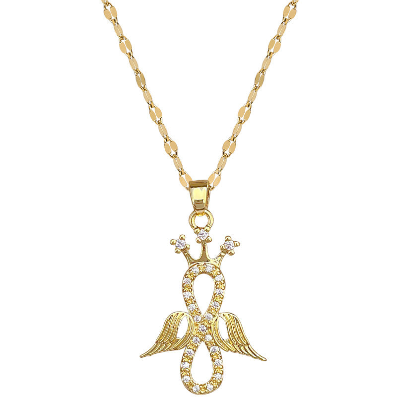 Elegant Angel-Shaped Geometric Pendant Necklace for Women and Men with Full Rhinestone Inlay on Titanium Steel Chain