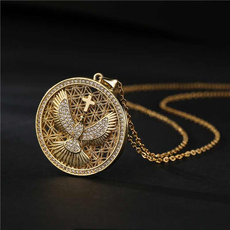 Punk Round Eagle Micro-inlay Brass Pendant Necklace with Box Chain