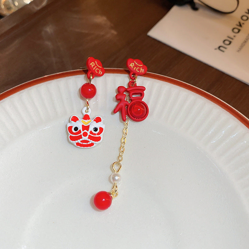 Elegant Geometric Dangle Stud Earrings for Women with Red Tassels, Alloy Base and Gold Plated Finish