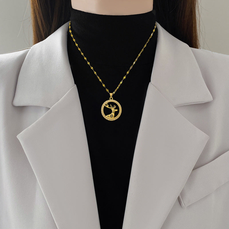 Minimalist Geometric Lucky Deer Pendant Necklace for Women and Men Stainless Steel Snake Chain with Rhinestone Accents