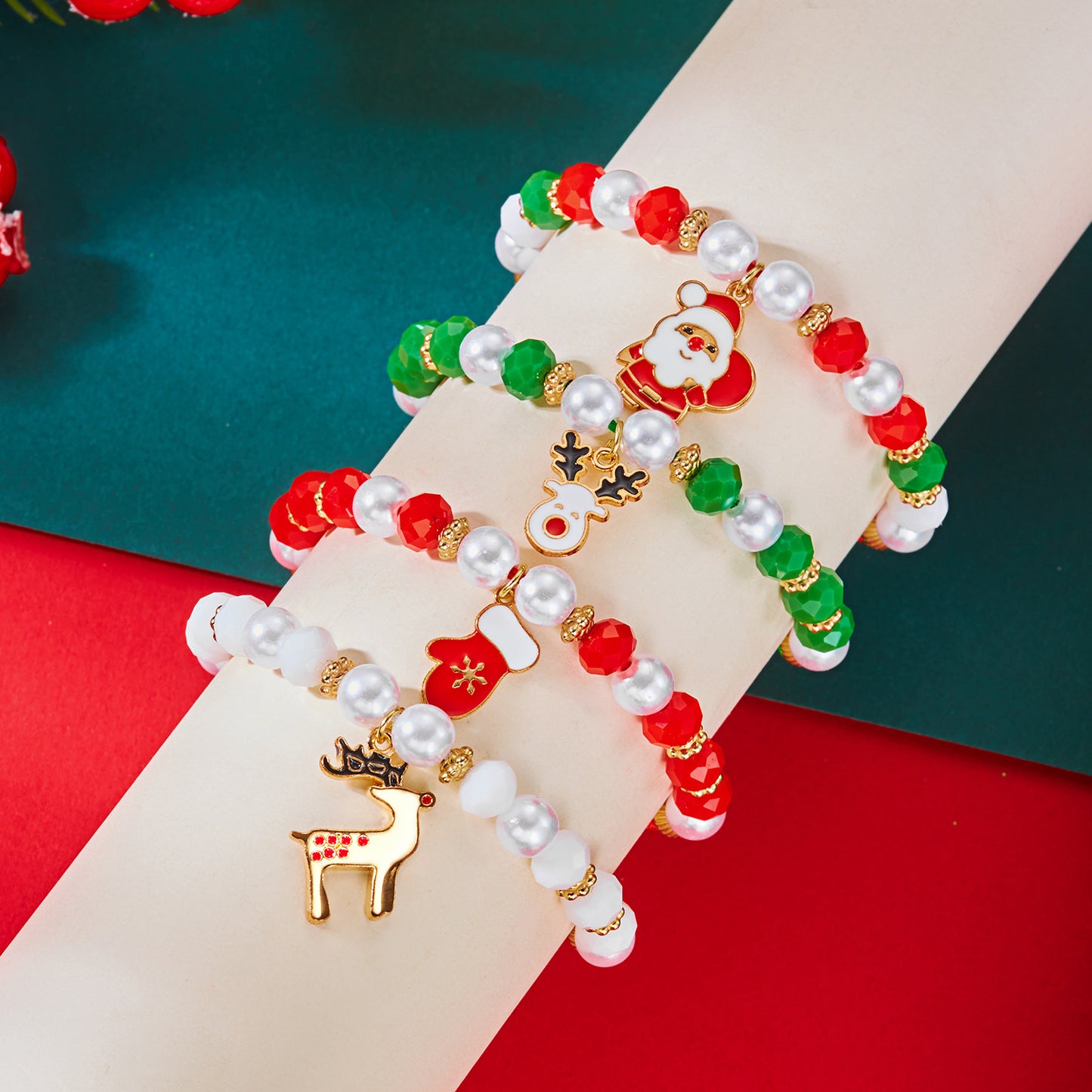 Christmas-Themed Handcrafted Alloy Bracelet Set with Santa Elk Bell Crystal Pearl Adjustable Braided Design for Unisex Wear