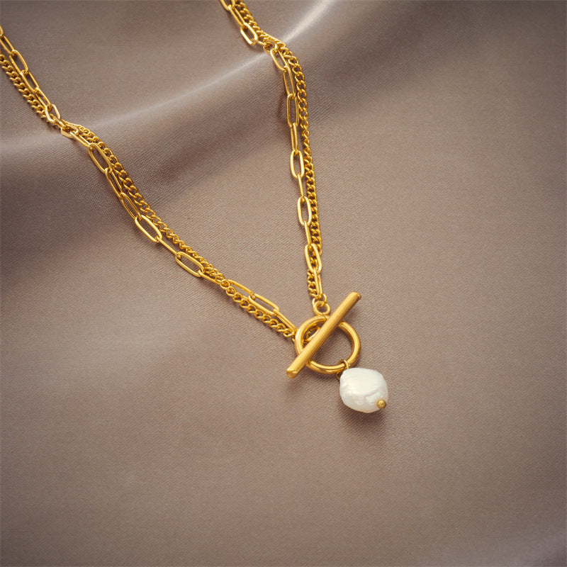Minimalist Vintage Baroque Irregular Geometric Titanium Steel Plated Punk Necklace with Double Layer Chain