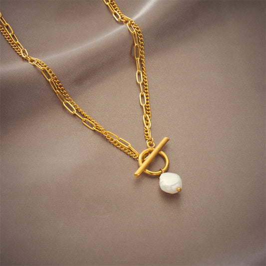 Collana Punk Minimalista Vintage Barocco Irregolare Geometrica Placcata in Acciaio Titanio con Catena a Doppio Strato