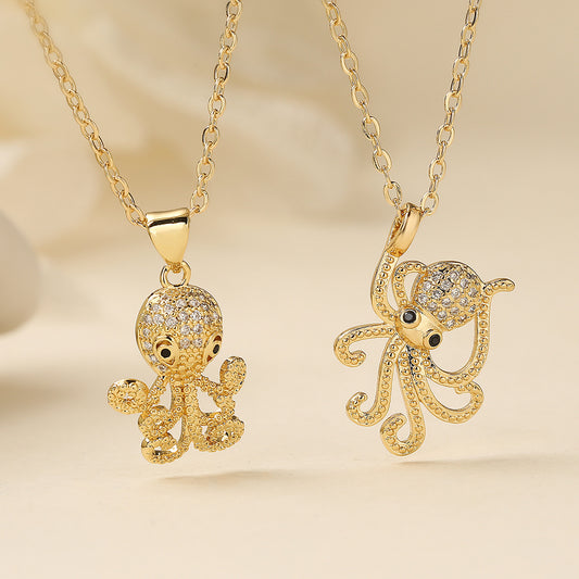 Minimalist 18K Gold Plated Geometric Cubic Zirconia Octopus Pendant Necklace for Women