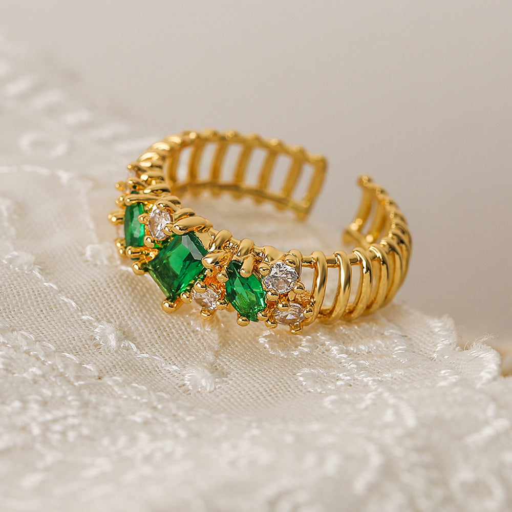 Geometric Open Ring for Women in Copper with 18K Gold Plating and Zircon Inlay, Minimalist Luxury Fashion Accessory