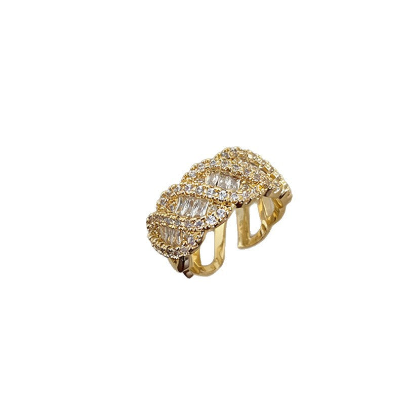Anillo de diseño geométrico de ajuste abierto de inspiración vintage para mujer con detalles de pedrería, joyería de mano de lujo minimalista de cobre chapado.