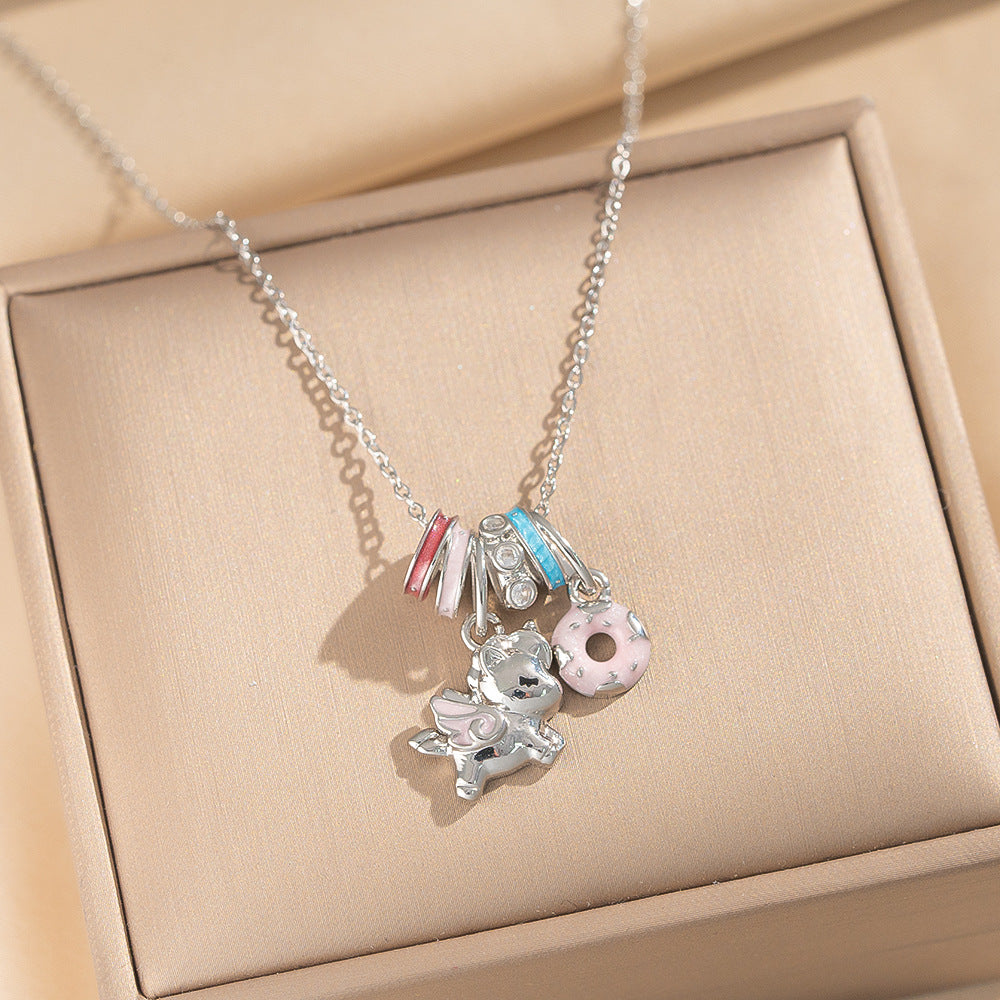 Enamel Unicorn Pendant Necklace for Women with Titanium Steel Chain and Zircon Inlay in Cute Cartoon Style