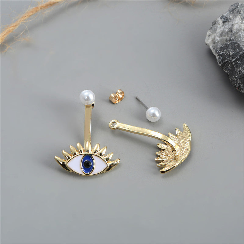 Exaggerated Evil Eye Pendant Alloy Earrings with Blue Enamel Eyes and Pearl Accents for Women