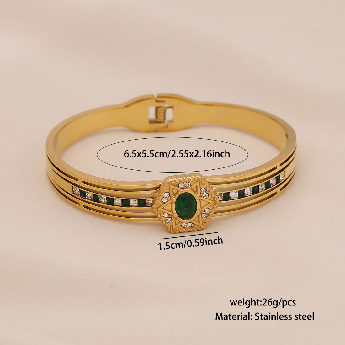 Vintage Geometric Stainless Steel Bracelet with Gold Plating and Irregular Green Glass Inlay