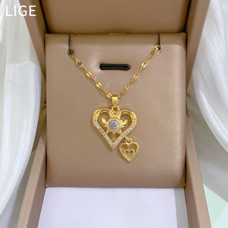 Sweet Elegant Double Layer Heart Geometric Cubic Zirconia Plated Titanium Steel Necklace for Unisex