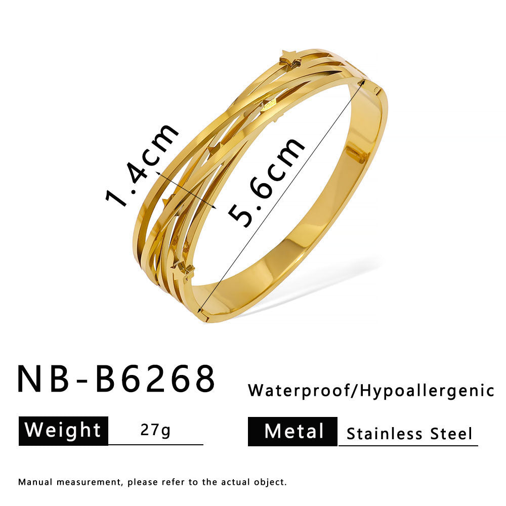 Vintage Geometric Stainless Steel Hollow Bracelet with Rhinestone Inlay and 18K Gold Plating