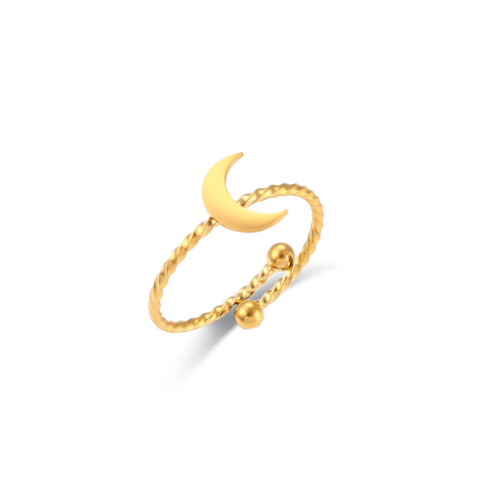 Minimalist Adjustable Butterfly and Crescent Moon Ring for Women in Electroplated 18K Stainless Steel with Hollow-Out Geometric Design