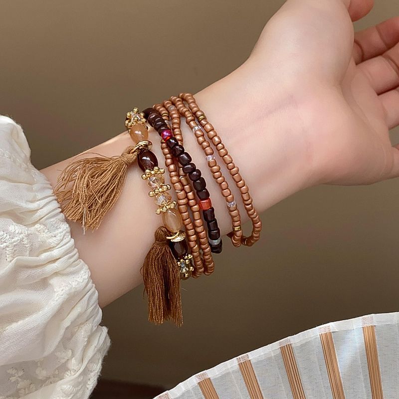 Vintage Ethnic Geometric Round Alloy Beaded Bracelet for Women