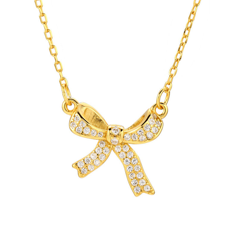 Sweet Minimalist Bow-Shaped Titanium Steel Necklace with Rhinestone Inlay for Women and Men, Delicate Clavicle Chain