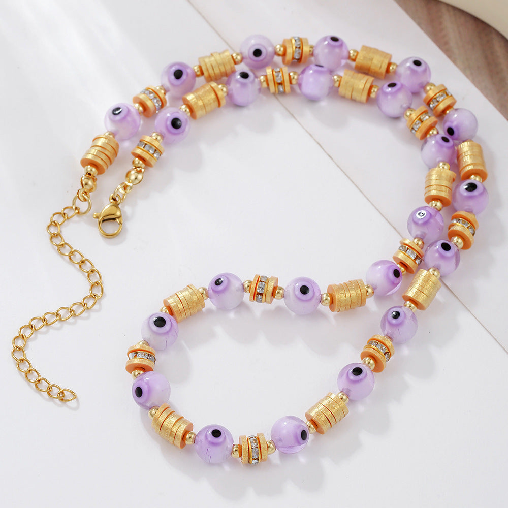 Bohemian Round Geometric Resin Evil Eye Necklace with Cubic Zirconia Cable Chain for Unisex
