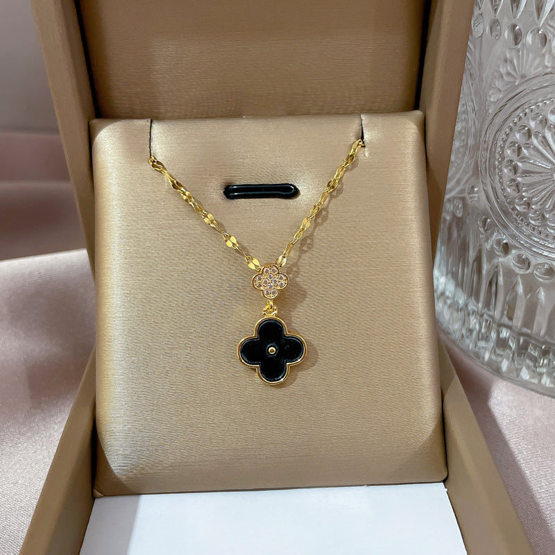 Minimalist Geometric Titanium Steel Necklace with Gold Plated Brass Pendant and Rhinestone Inlay