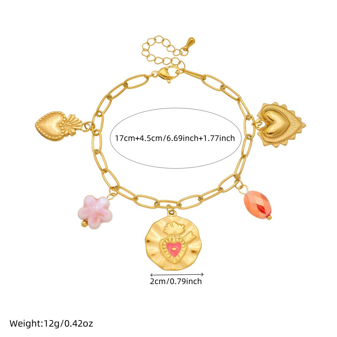 Sweet Gold Plated Drip Oil Round Heart Flower Stainless Steel Necklace and Bracelet Set with Serpentine Chain for Women