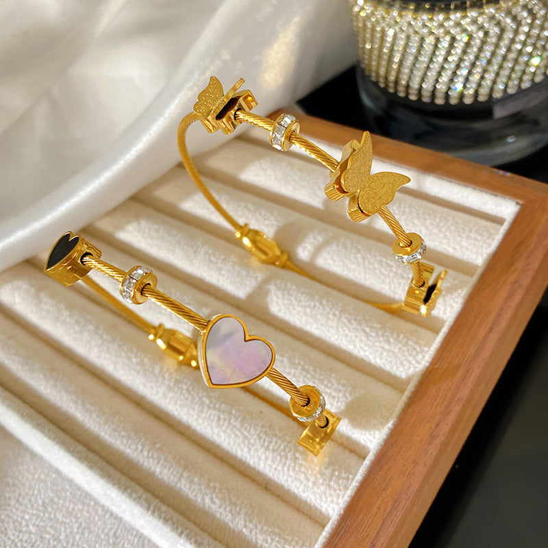 Sweet Heart Butterfly Plated Titanium Steel Bracelet for Women