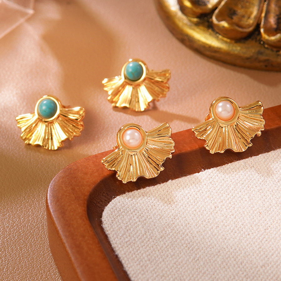 Vintage Geometric Floral Stainless Steel Stud Earrings with Pearl
