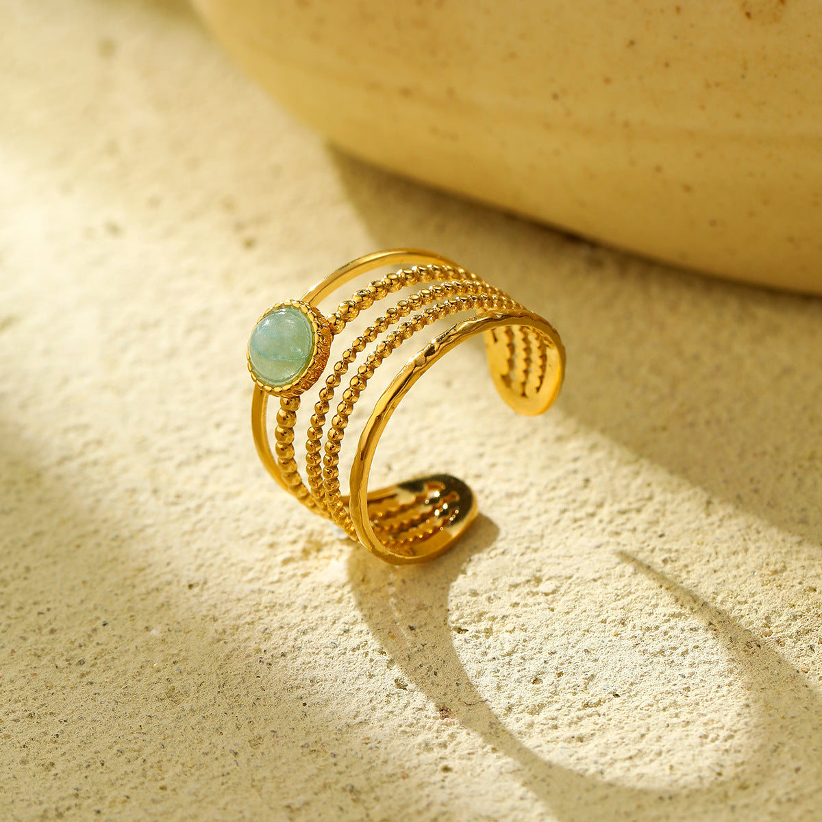 Fashionable Minimalist Round Titanium Steel Ring with 18K Gold Plating and Natural Green Aventurine Stone for Women