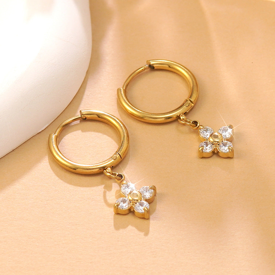Elegant Floral Cubic Zirconia Inlaid Plated Stainless Steel Earrings for Women