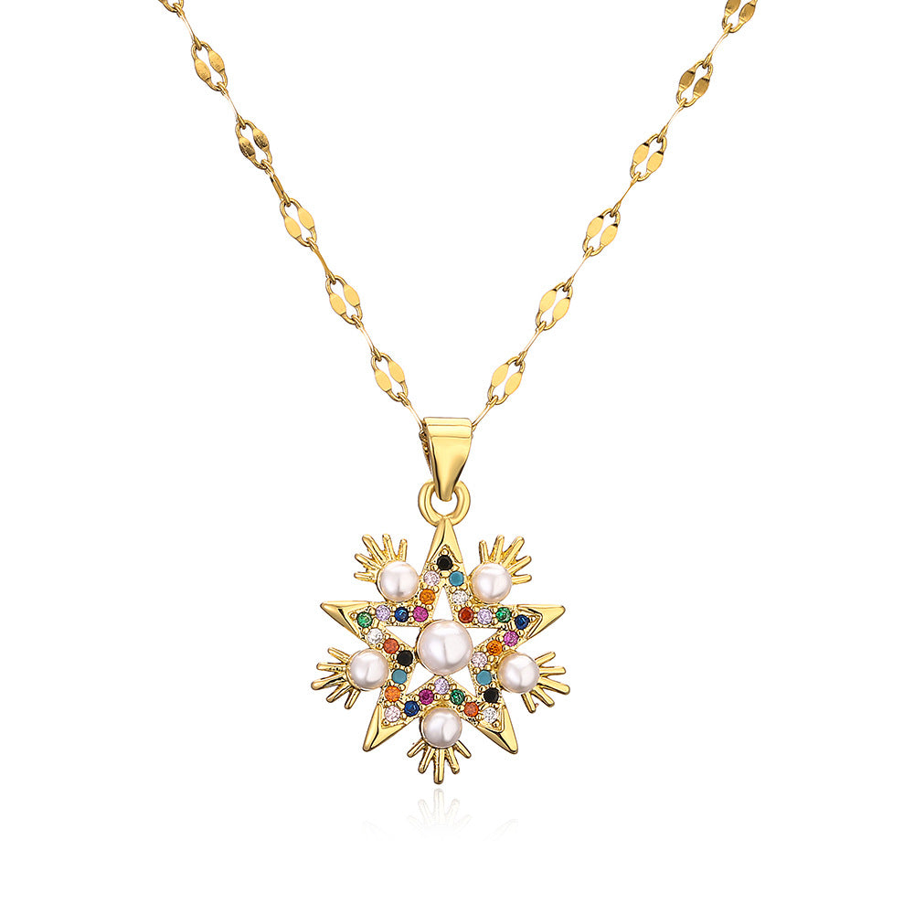 Minimalist Geometric Five-Pointed Star Pendant Necklace for Women with Zircon and Pearl Accents on Copper Chain