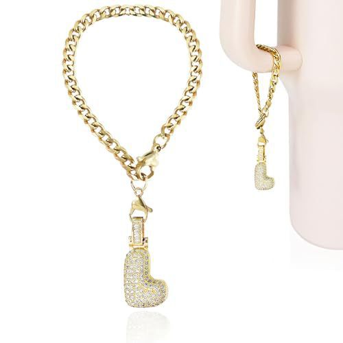 Cubic Zirconia Inlaid Brass Letter Charm Bar with Plated Finish
