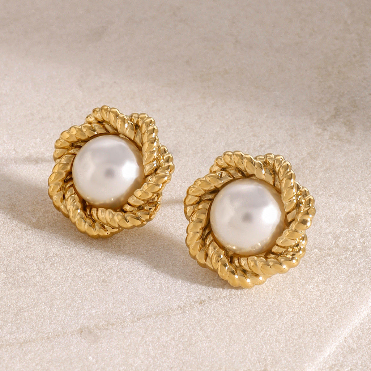 Elegant Floral Design Stainless Steel Earrings with 18K Gold Plating and Pearl Accents for Women