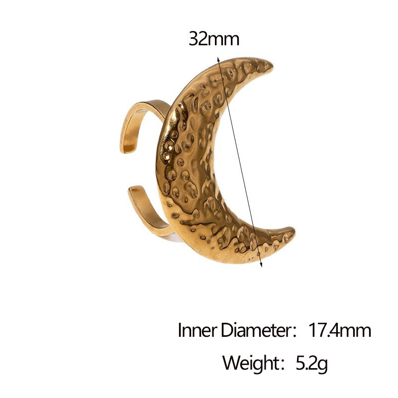 Minimalist Hammered Moon Open Ring 18K Gold Plated Stainless Steel Jewelry for Women