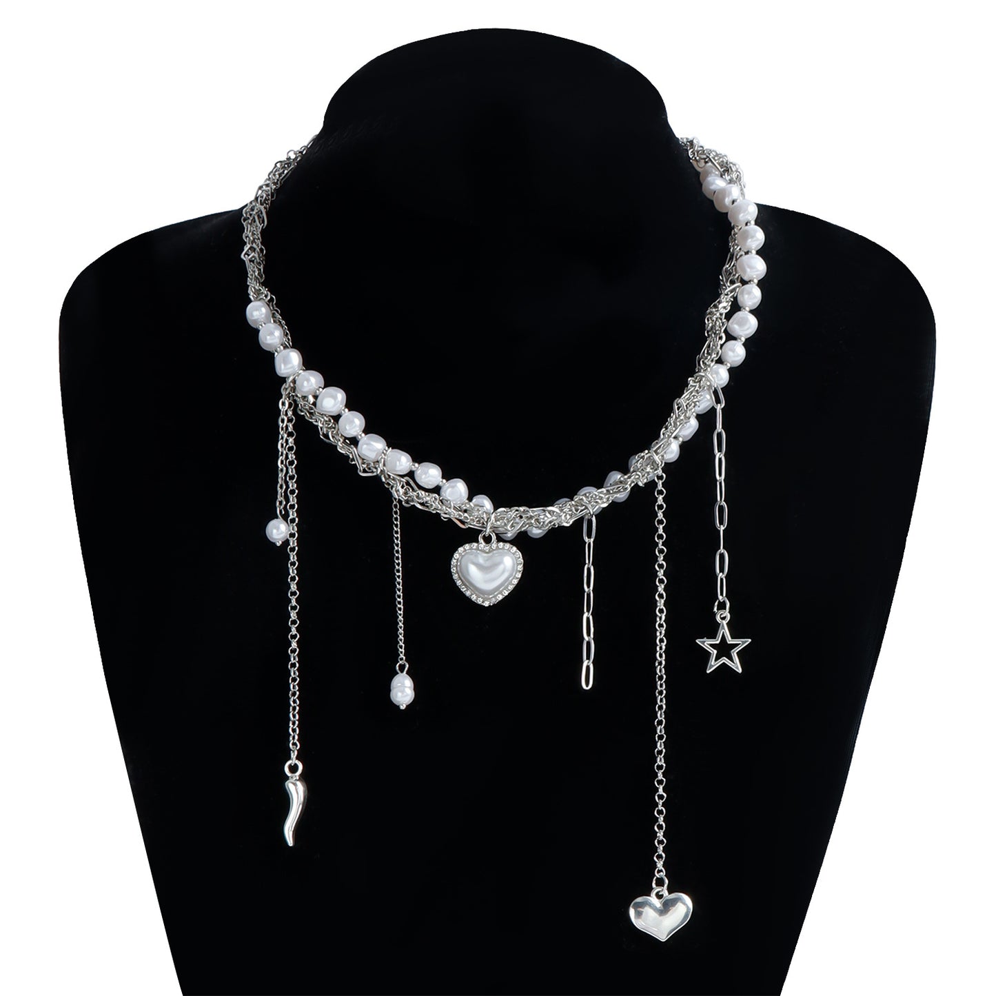Collar con colgante vintage bohemio en forma de corazón con borla y detalles de perlas para mujer, cadena de aleación con baño de oro