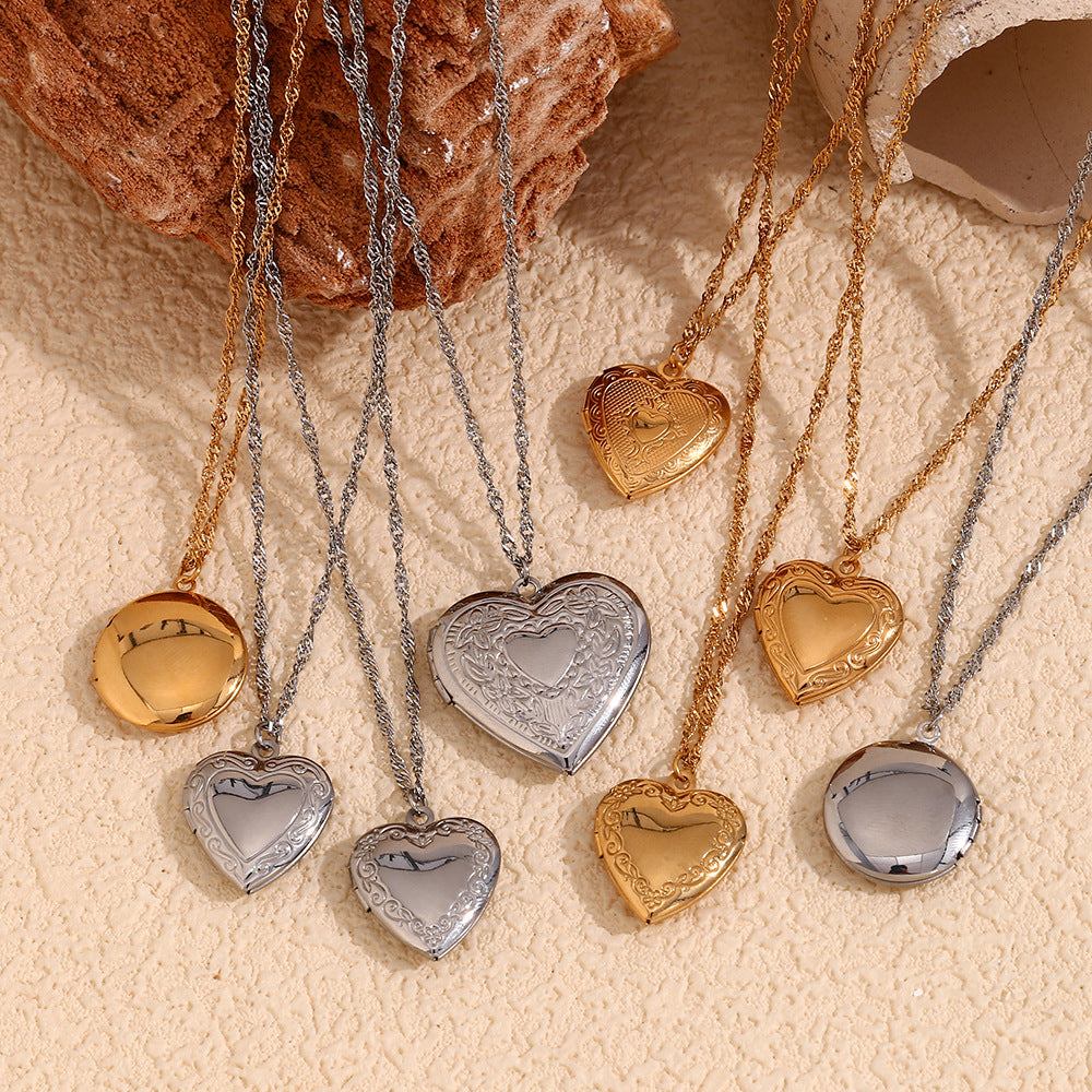 Geometric Vintage Pendant Necklace for Women Stainless Steel with 18K Gold Plating Heart-Shaped Photo Locket