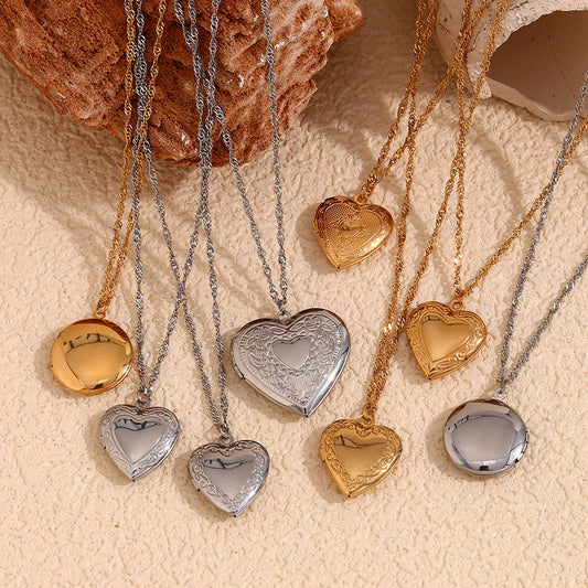 Geometric Vintage Pendant Necklace for Women Stainless Steel with 18K Gold Plating Heart-Shaped Photo Locket