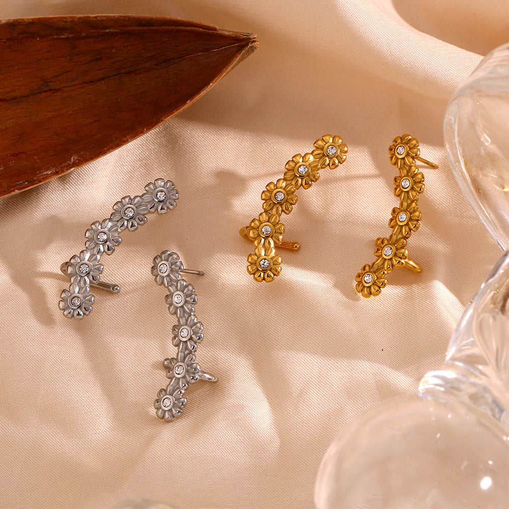 Vintage Floral Stainless Steel Ear Cuffs with 18K Gold Plating and Cubic Zirconia for Women
