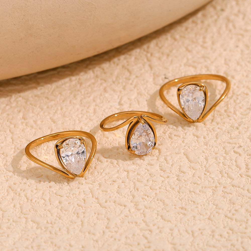 Minimalist Geometric Stainless Steel Ring with 18K Gold Plating and White Zirconia for Women